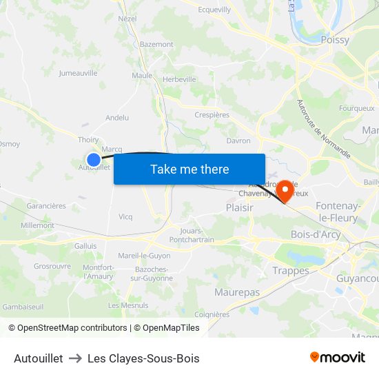 Autouillet to Les Clayes-Sous-Bois map