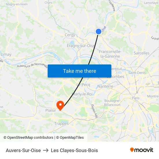 Auvers-Sur-Oise to Les Clayes-Sous-Bois map