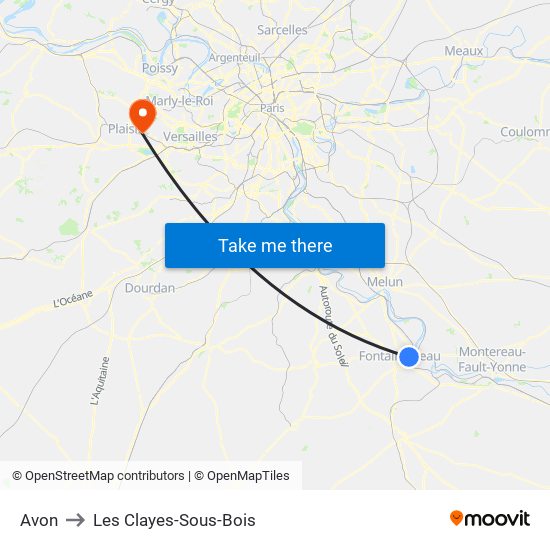 Avon to Les Clayes-Sous-Bois map