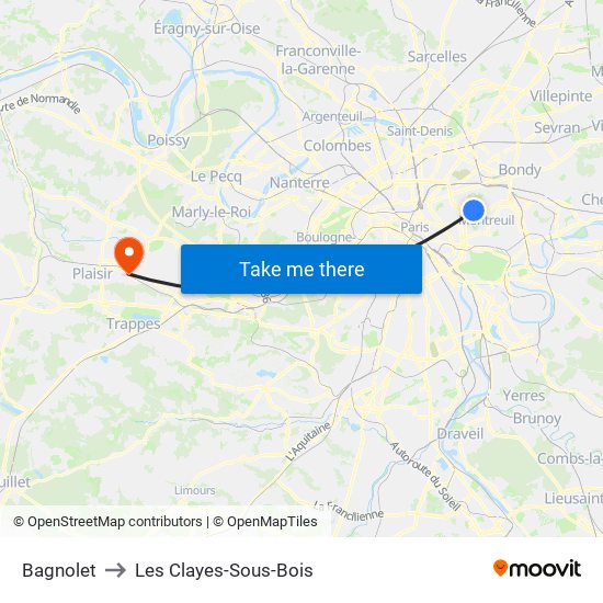 Bagnolet to Les Clayes-Sous-Bois map