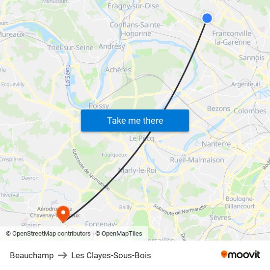 Beauchamp to Les Clayes-Sous-Bois map