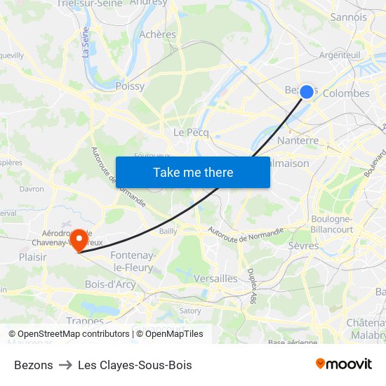 Bezons to Les Clayes-Sous-Bois map