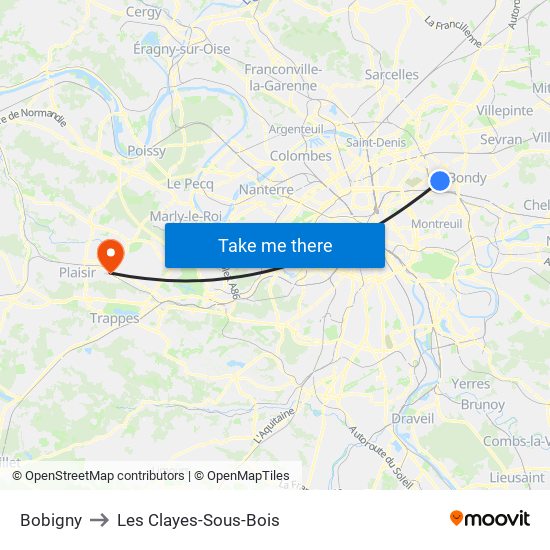 Bobigny to Les Clayes-Sous-Bois map