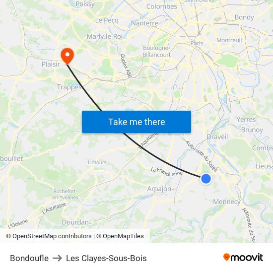 Bondoufle to Les Clayes-Sous-Bois map