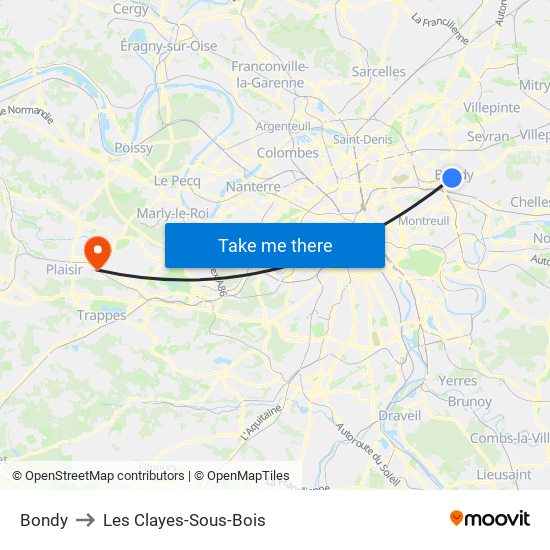 Bondy to Les Clayes-Sous-Bois map