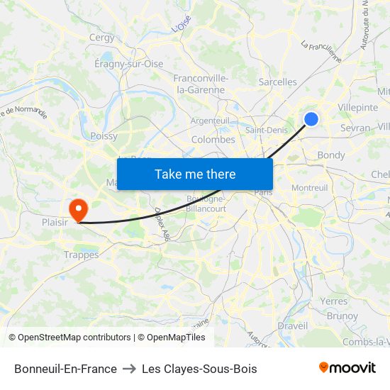 Bonneuil-En-France to Les Clayes-Sous-Bois map