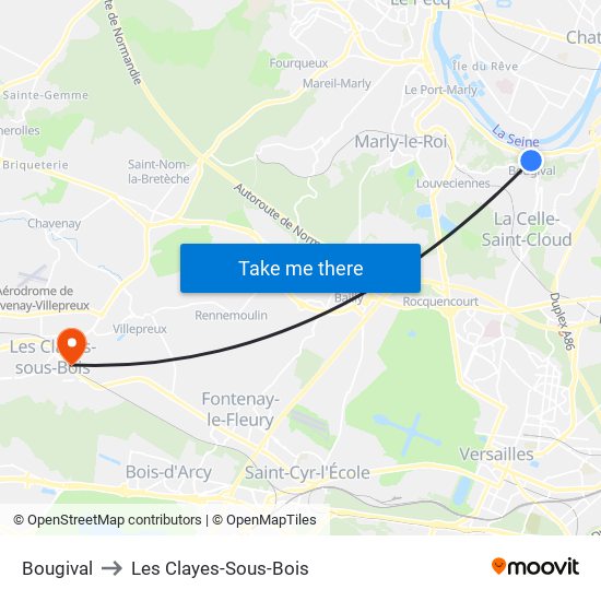 Bougival to Les Clayes-Sous-Bois map
