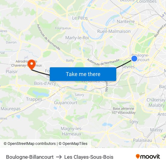 Boulogne-Billancourt to Les Clayes-Sous-Bois map