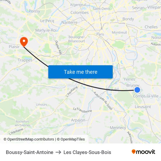 Boussy-Saint-Antoine to Les Clayes-Sous-Bois map