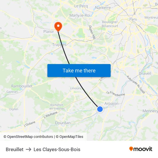 Breuillet to Les Clayes-Sous-Bois map