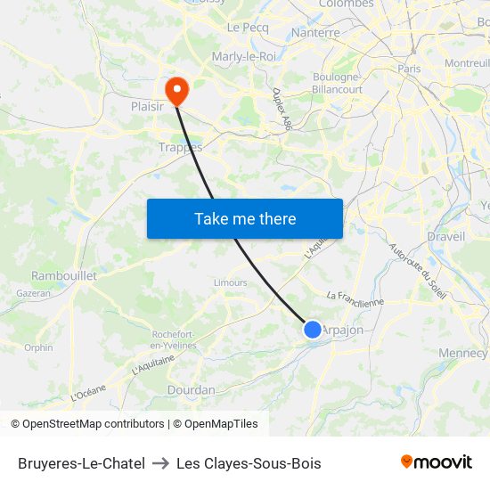 Bruyeres-Le-Chatel to Les Clayes-Sous-Bois map