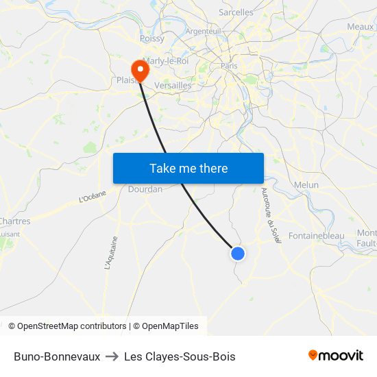 Buno-Bonnevaux to Les Clayes-Sous-Bois map