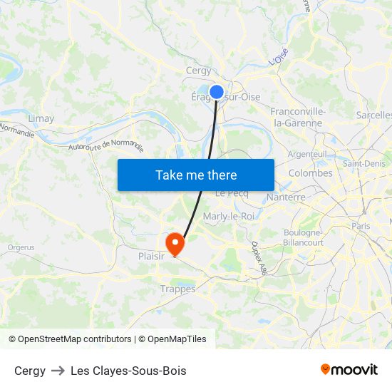 Cergy to Les Clayes-Sous-Bois map