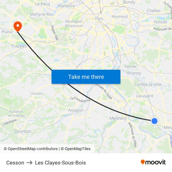 Cesson to Les Clayes-Sous-Bois map