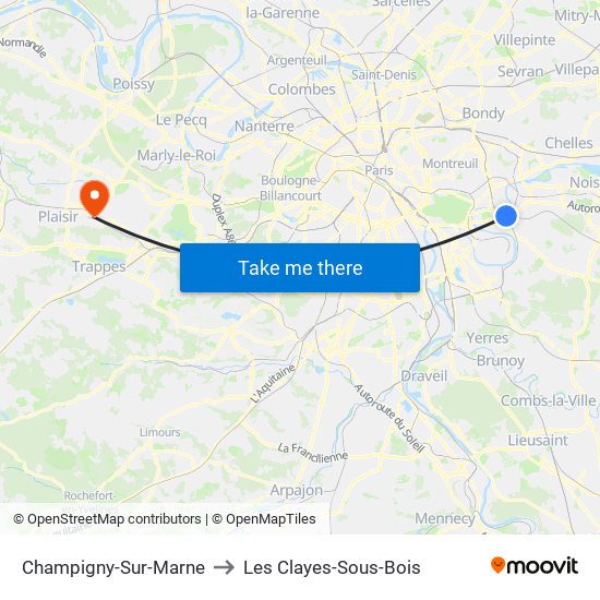 Champigny-Sur-Marne to Les Clayes-Sous-Bois map