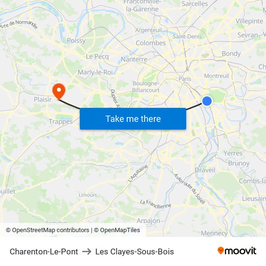 Charenton-Le-Pont to Les Clayes-Sous-Bois map