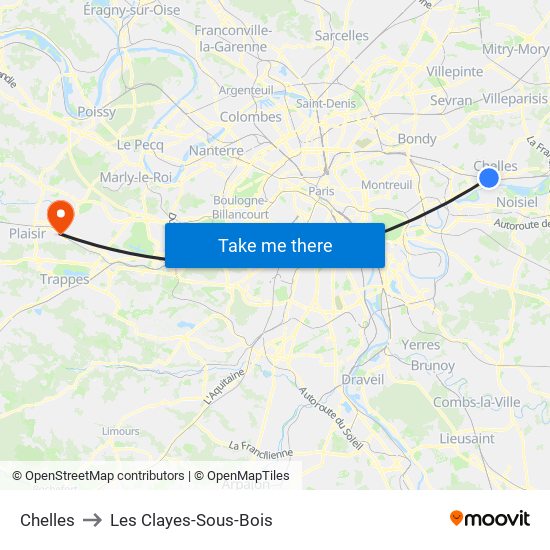 Chelles to Les Clayes-Sous-Bois map