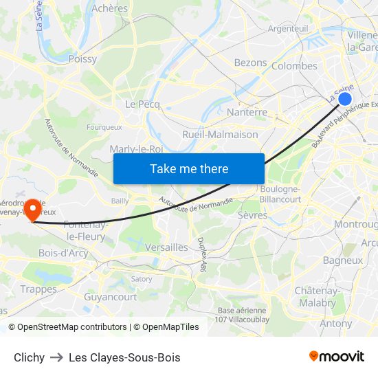 Clichy to Les Clayes-Sous-Bois map