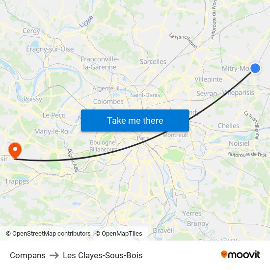 Compans to Les Clayes-Sous-Bois map
