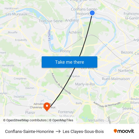 Conflans-Sainte-Honorine to Les Clayes-Sous-Bois map