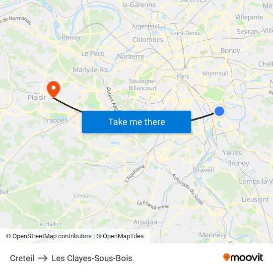 Creteil to Les Clayes-Sous-Bois map