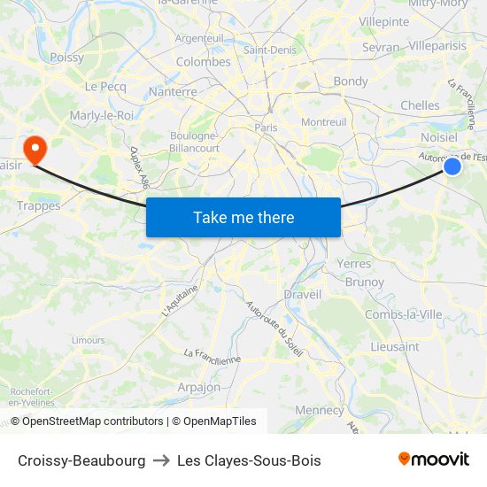 Croissy-Beaubourg to Les Clayes-Sous-Bois map