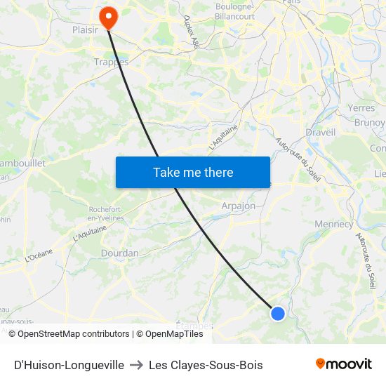 D'Huison-Longueville to Les Clayes-Sous-Bois map