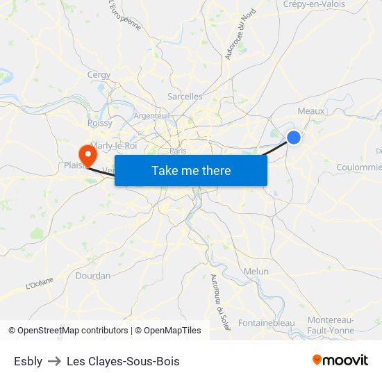 Esbly to Les Clayes-Sous-Bois map