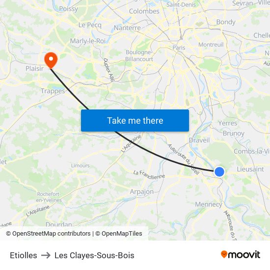 Etiolles to Les Clayes-Sous-Bois map