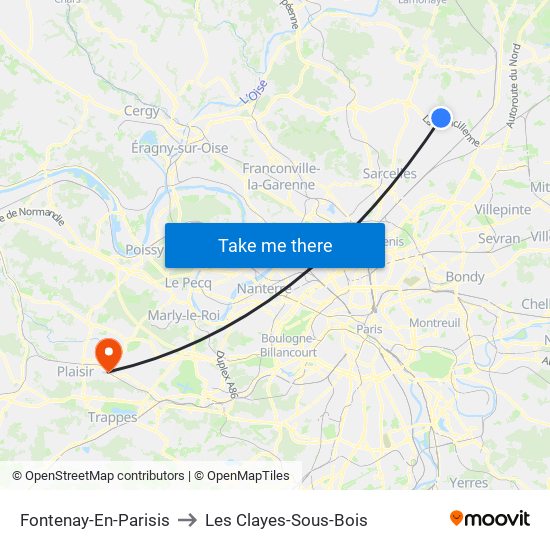 Fontenay-En-Parisis to Les Clayes-Sous-Bois map