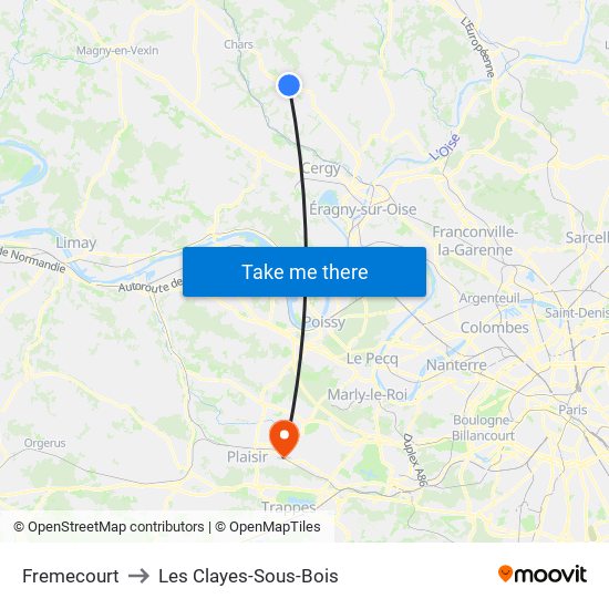 Fremecourt to Les Clayes-Sous-Bois map
