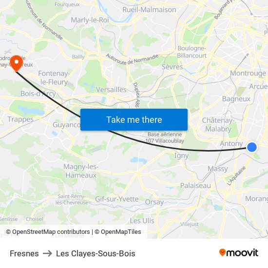 Fresnes to Les Clayes-Sous-Bois map