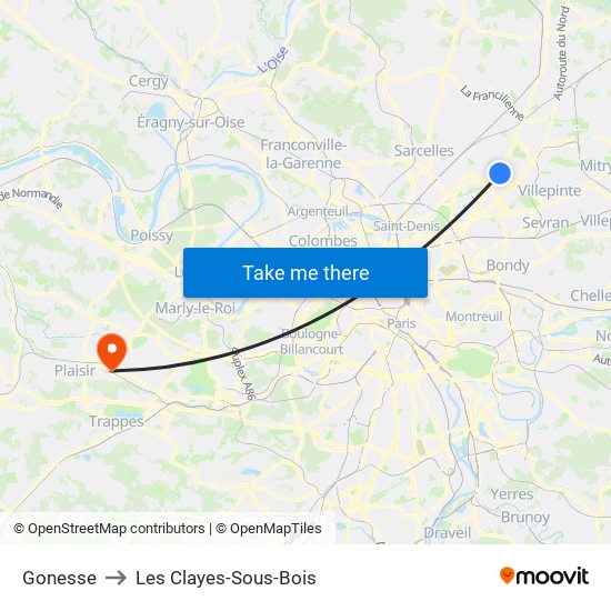 Gonesse to Les Clayes-Sous-Bois map