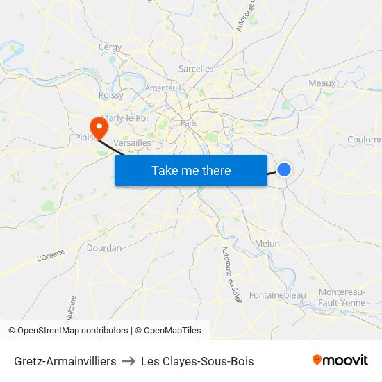 Gretz-Armainvilliers to Les Clayes-Sous-Bois map