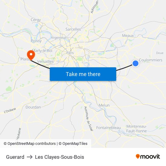 Guerard to Les Clayes-Sous-Bois map