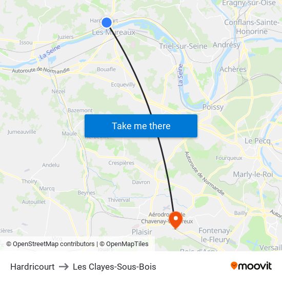 Hardricourt to Les Clayes-Sous-Bois map