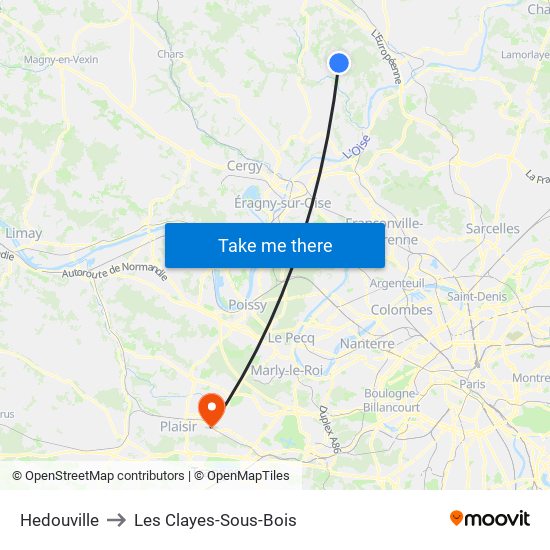 Hedouville to Les Clayes-Sous-Bois map