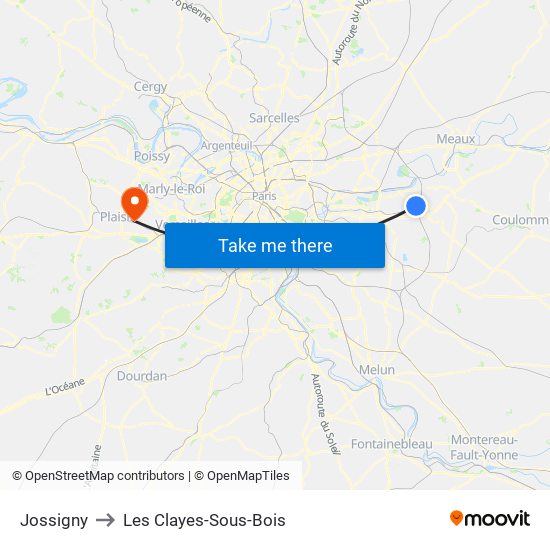 Jossigny to Les Clayes-Sous-Bois map