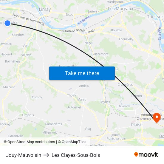 Jouy-Mauvoisin to Les Clayes-Sous-Bois map