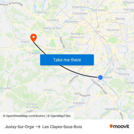 Juvisy-Sur-Orge to Les Clayes-Sous-Bois map