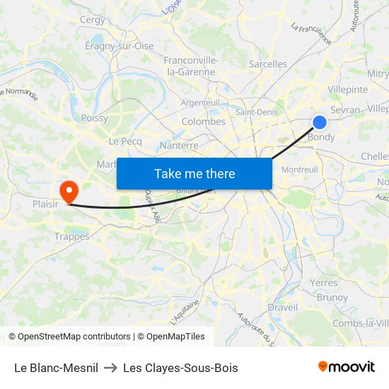 Le Blanc-Mesnil to Les Clayes-Sous-Bois map