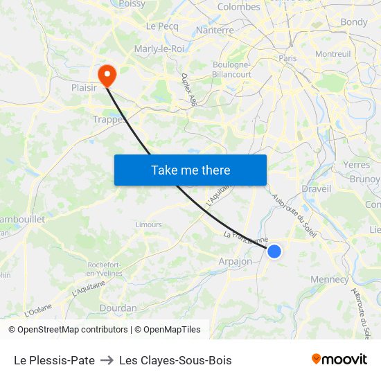 Le Plessis-Pate to Les Clayes-Sous-Bois map