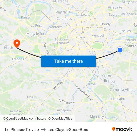 Le Plessis-Trevise to Les Clayes-Sous-Bois map