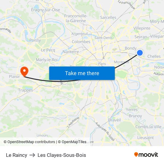 Le Raincy to Les Clayes-Sous-Bois map