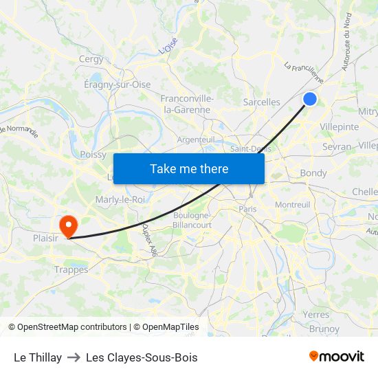 Le Thillay to Les Clayes-Sous-Bois map