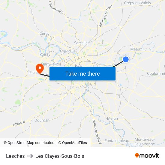 Lesches to Les Clayes-Sous-Bois map