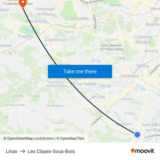 Linas to Les Clayes-Sous-Bois map