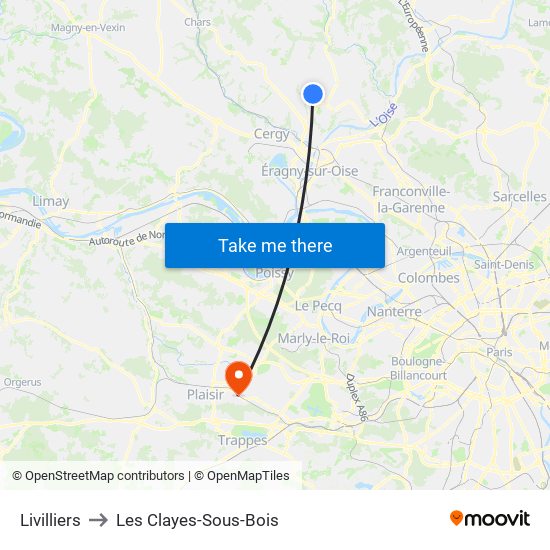 Livilliers to Les Clayes-Sous-Bois map