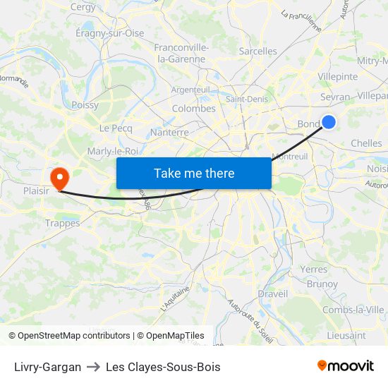 Livry-Gargan to Les Clayes-Sous-Bois map