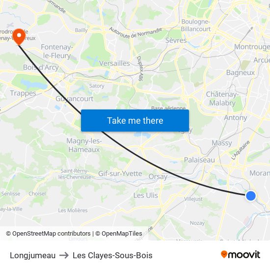 Longjumeau to Les Clayes-Sous-Bois map